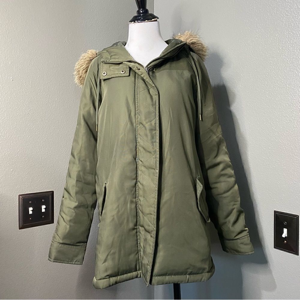 Old Navy Olive Green Jacket Faux fur Hood Utility Crocodile Tears